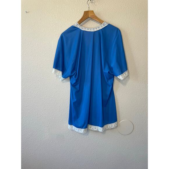 VTG Hand Made Blue Lace Trim 3 Piece Pajama Sleep Set Robe Shirt & Pants Small - Picture 11 of 12